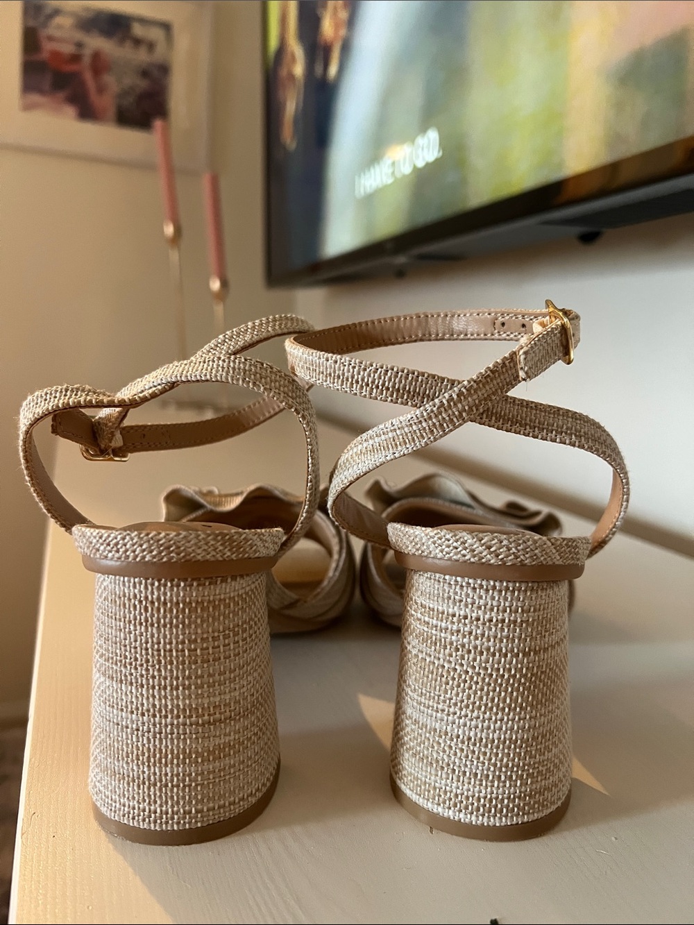 ***NEVER WORN*** a new day Beige Ruffle Block Heel Sandals - Picture 3 of 6